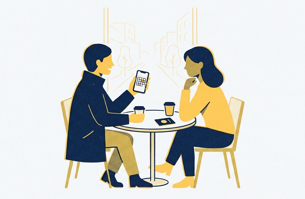 Illustration: two friends at a cafe table, one showing the other a day calendar on an iPhone